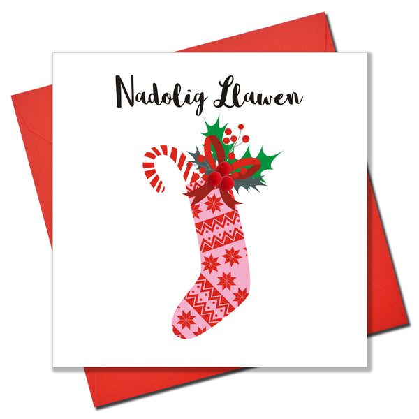 Welsh Christmas Card, Nadolig Llawen, Stocking, Joy, Embellished with Pompoms