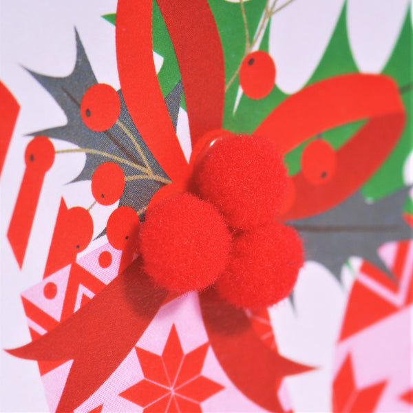 Welsh Christmas Card, Nadolig Llawen, Stocking, Joy, Embellished with Pompoms