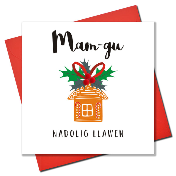 Welsh Granny Christmas Card, Nadolig Llawen Mam-gu, Embellished with Pompoms