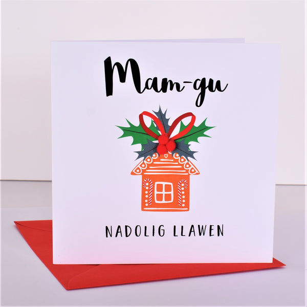 Welsh Granny Christmas Card, Nadolig Llawen Mam-gu, Embellished with Pompoms