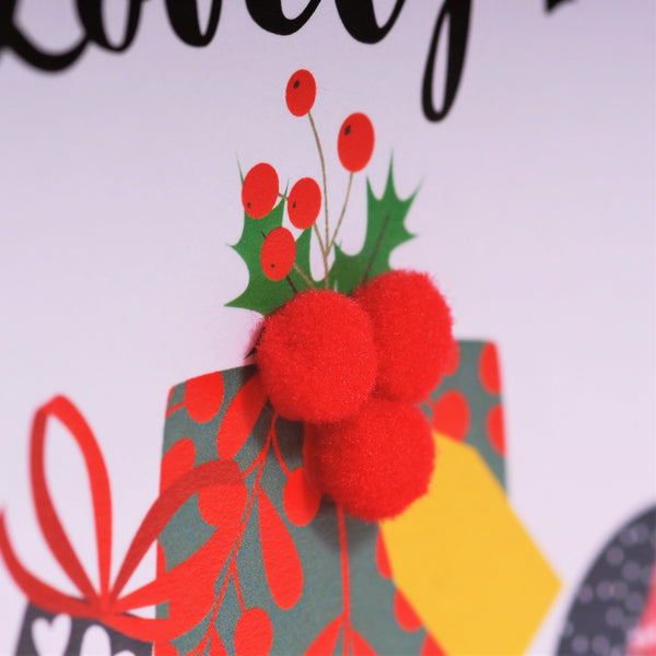 Welsh Mum Christmas Card, Nadolig Llawen Mam, Presents, Embellished with Pompoms