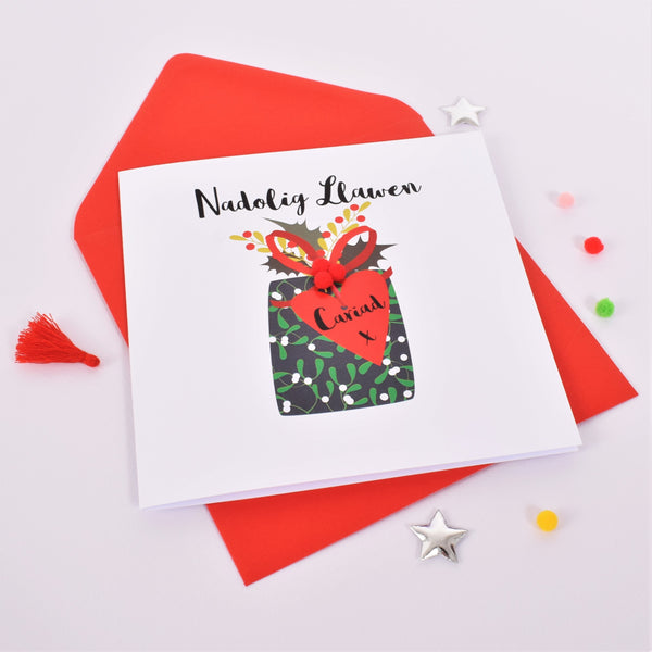 Welsh Christmas Card, Nadolig Llawen, The One I Love, Embellished with Pompoms