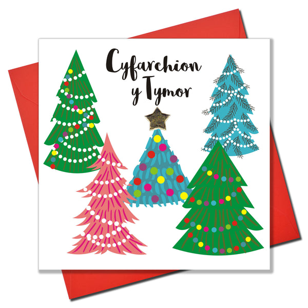 Welsh Christmas Card, Nadolig Llawen, Christmas Trees, padded star embellished