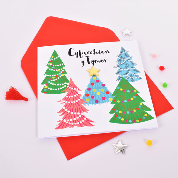 Welsh Christmas Card, Nadolig Llawen, Christmas Trees, padded star embellished