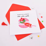 Welsh from the Cat Christmas Card, Nadolig Llawen, Embellished with Pompoms