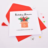 Welsh Christmas Card, Nadolig Llawen, Gingerbread House, Pompom Embellished