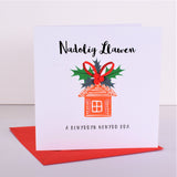 Welsh Christmas Card, Nadolig Llawen, Gingerbread House, Pompom Embellished