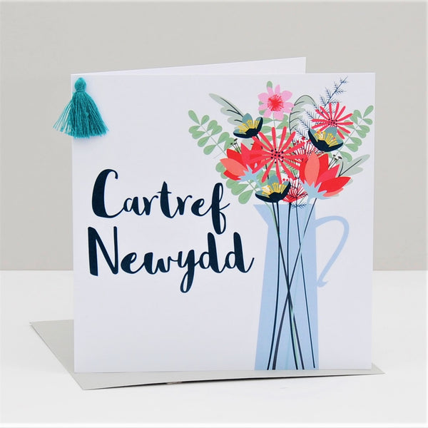 Welsh New Home Card, Vase of Flowers, New Home, Tassel Embellished