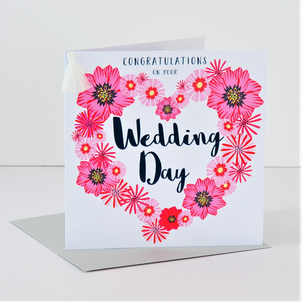 Wedding Congratulations Card, Flowers Heart, Embellished with a colourful tassel