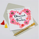 Welsh Wedding Congratulations Card, Heart of Flowers, Tassel Embellished