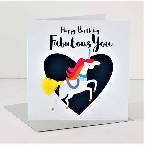 Birthday Card, Unicorn, Fabulous You, Embellished with a colourful tassel