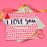 Valentine's Day Card, Rows of Hearts, Embellished with a colourful tassel