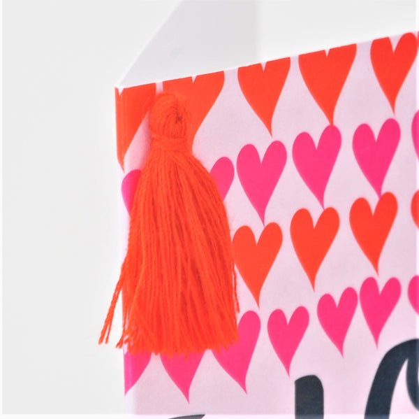 Valentine's Day Card, Rows of Hearts, Embellished with a colourful tassel