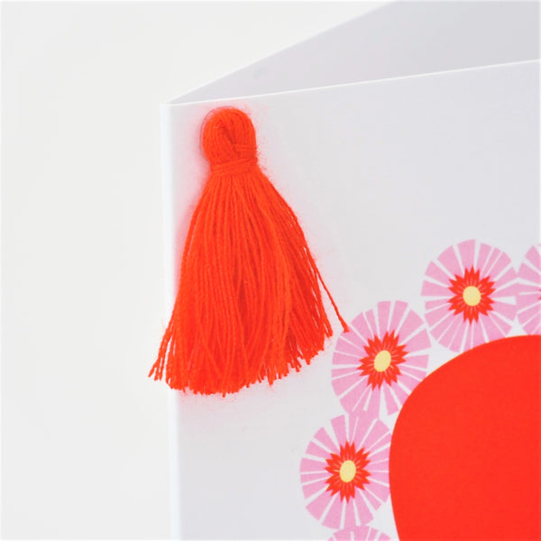 Valentine's Day Card, Heart with Flowers, Embellished with a colourful tassel