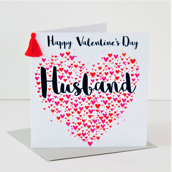 Valentine's Day Card, Husband, Hearts, Embellished with a colourful tassel