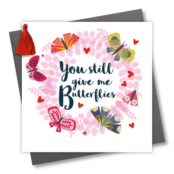 Valentine's Day Card, Butterfly Wreath, Embellished with a colourful tassel
