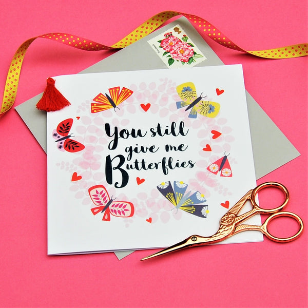 Valentine's Day Card, Butterfly Wreath, Embellished with a colourful tassel