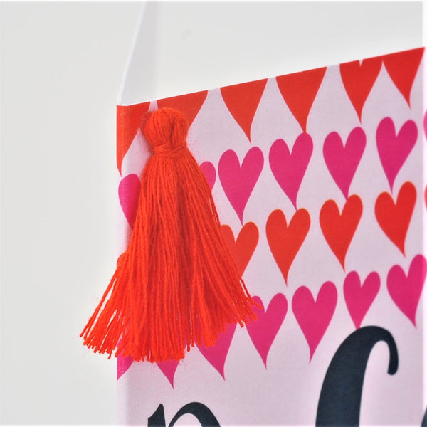 Welsh Valentine's Day Card, Rows of Hearts, I Love You, Tassel Embellished