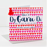 Welsh Valentine's Day Card, Rows of Hearts, I Love You, Tassel Embellished