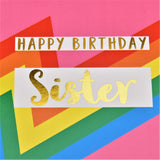 Birthday Card, Sister, Pink Colour Bolts, text foiled in shiny gold