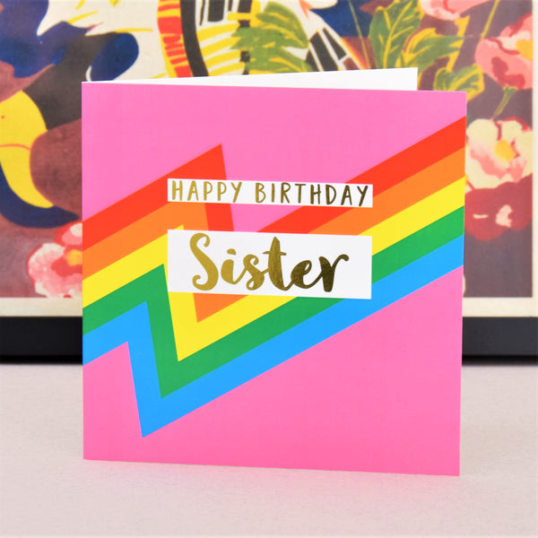 Birthday Card, Sister, Pink Colour Bolts, text foiled in shiny gold