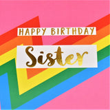 Birthday Card, Sister, Pink Colour Bolts, text foiled in shiny gold