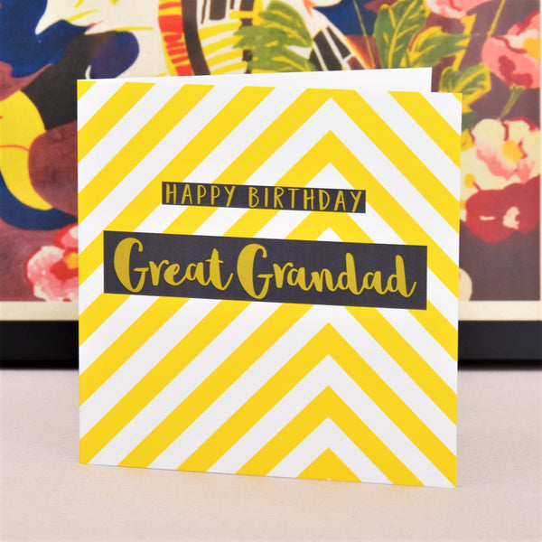 Birthday Card, Great Grandad Yellow Chevrons, text foiled in shiny gold