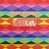 Birthday Card, Gran, Colourful Diamonds, text foiled in shiny gold