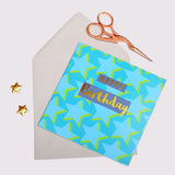 Birthday Card, Stars, Happy Birthday, text foiled in shiny gold