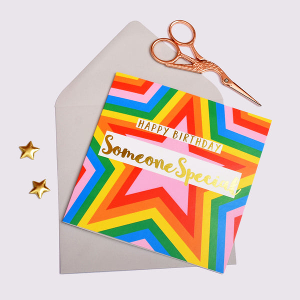 Birthday Card, Someone Special Colourful Stars, text foiled in shiny gold