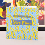 Birthday Card, Step Mum Leaves, text foiled in shiny gold