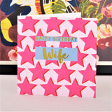 Birthday Card, Wife Pink Stars, Happy Birthday Wife, text foiled in shiny gold