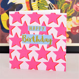 Birthday Card, Pink Stars, Happy Birthday, text foiled in shiny gold