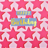 Birthday Card, Pink Stars, Happy Birthday, text foiled in shiny gold