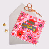 Birthday Card, Flowers, Happy Birthday, text foiled in shiny gold
