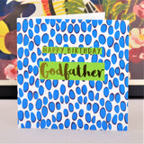 Birthday Card, Godfather Blue Dots, text foiled in shiny gold