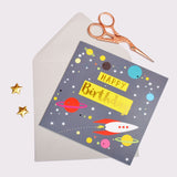 Birthday Card, Rocket and Planets, Happy Birthday, text foiled in shiny gold