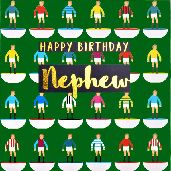 Birthday Card, Nephew Footballers, text foiled in shiny gold