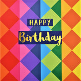 Birthday Card, Colour Diamonds, Happy Birthday, text foiled in shiny gold