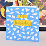 Birthday Card, Paper Planes, Happy Birthday, text foiled in shiny gold