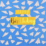 Birthday Card, Paper Planes, Happy Birthday, text foiled in shiny gold