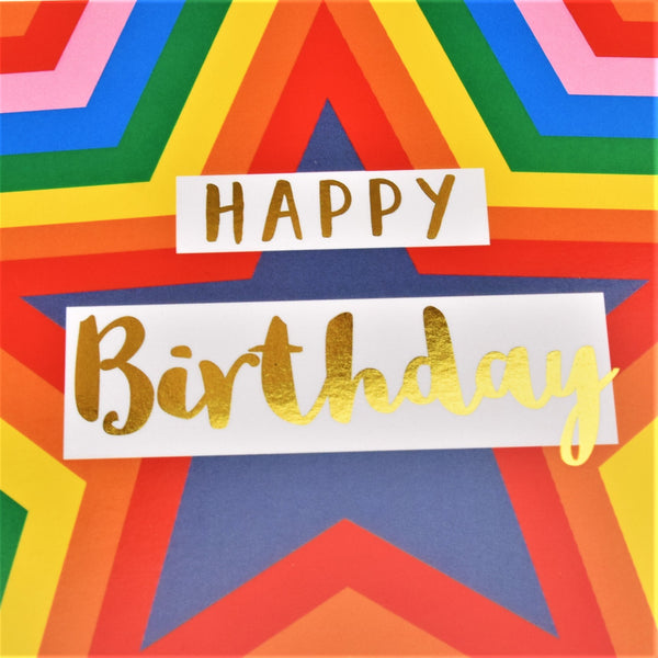 Birthday Card, Colour Stars, Happy Birthday, text foiled in shiny gold