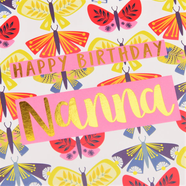 Birthday Card, Nanna Butterflies, text foiled in shiny gold