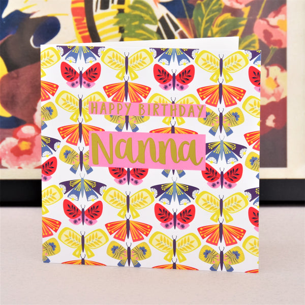 Birthday Card, Nanna Butterflies, text foiled in shiny gold