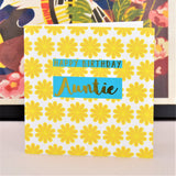 Birthday Card, Auntie Yellow Flowers, text foiled in shiny gold