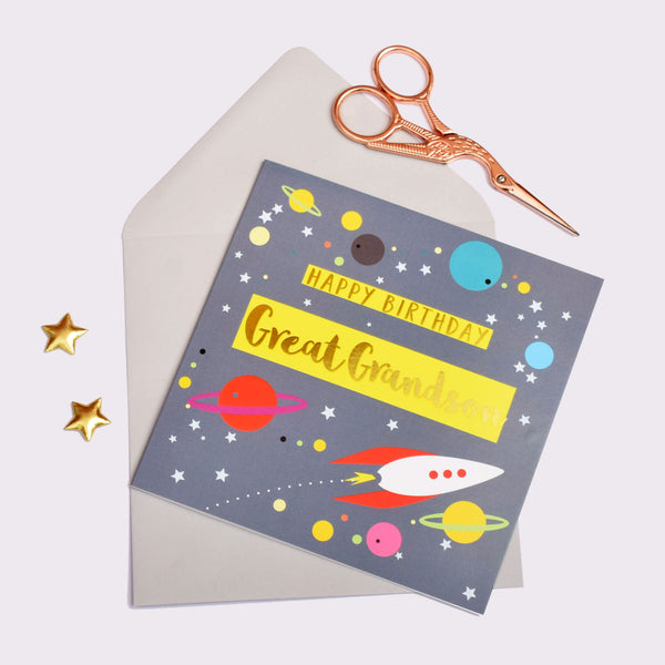 Birthday Card, Great Grandson Rocket and Stars, text foiled in shiny gold