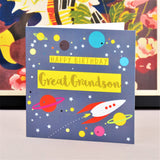 Birthday Card, Great Grandson Rocket and Stars, text foiled in shiny gold