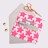Birthday Card, Granddaughter Pink Stars, text foiled in shiny gold