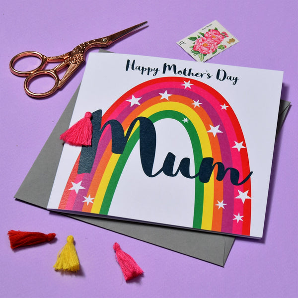 Mother's Day Card, Rainbow, Mum, Embellished with a colourful tassel