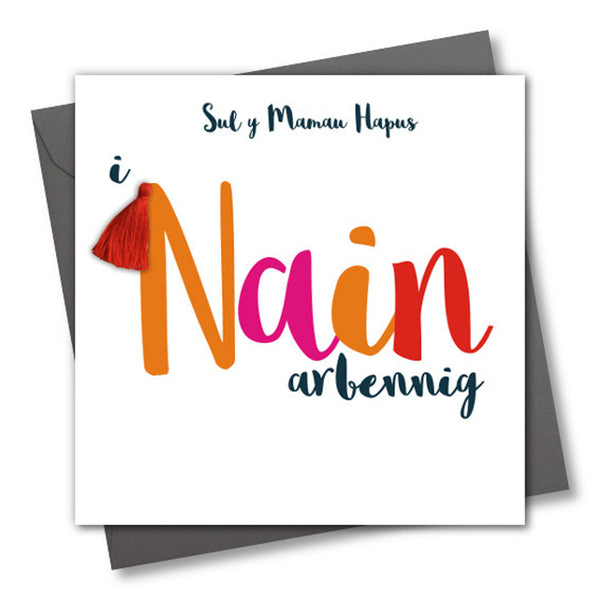 Welsh Nan Mother's Day Card, Sul y Mamau Hapus Nain, Tassel Embellished